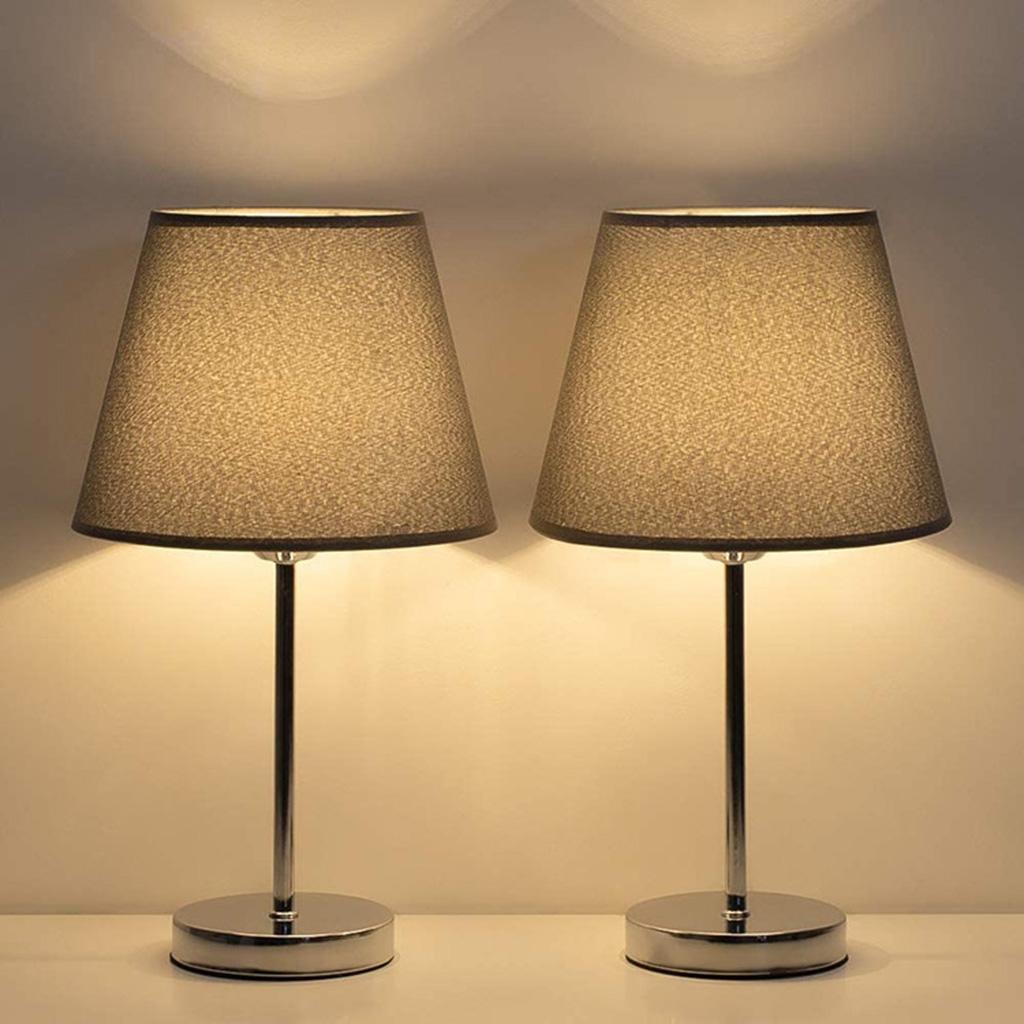 2xMetal Bedside Table Lamps Base 3-Way Dimmable Fabric Lampshade Desk Light