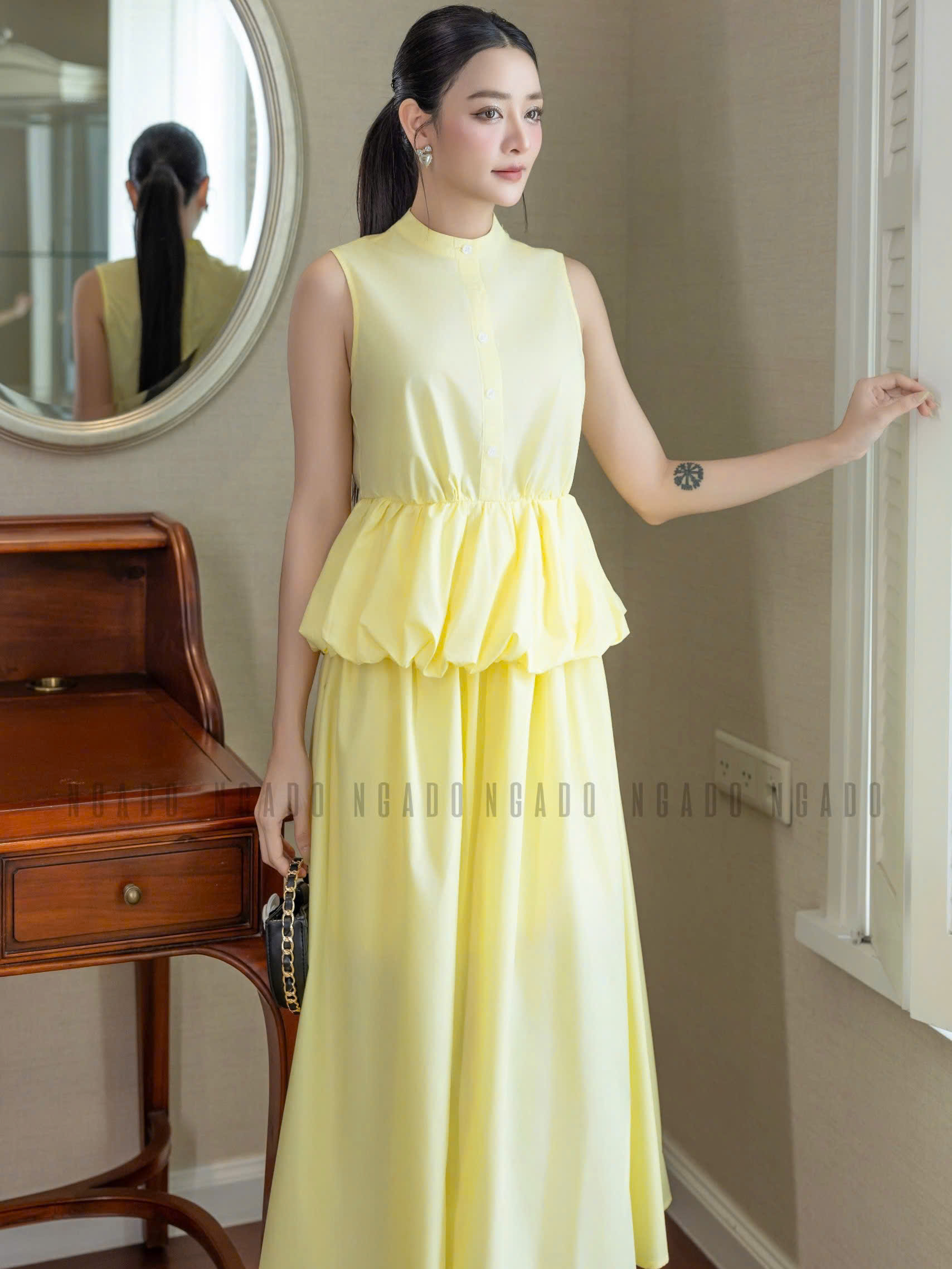 Set áo váy vàng cổ trụ NGADO , set áo váy dài , set công sở , dự tiệc