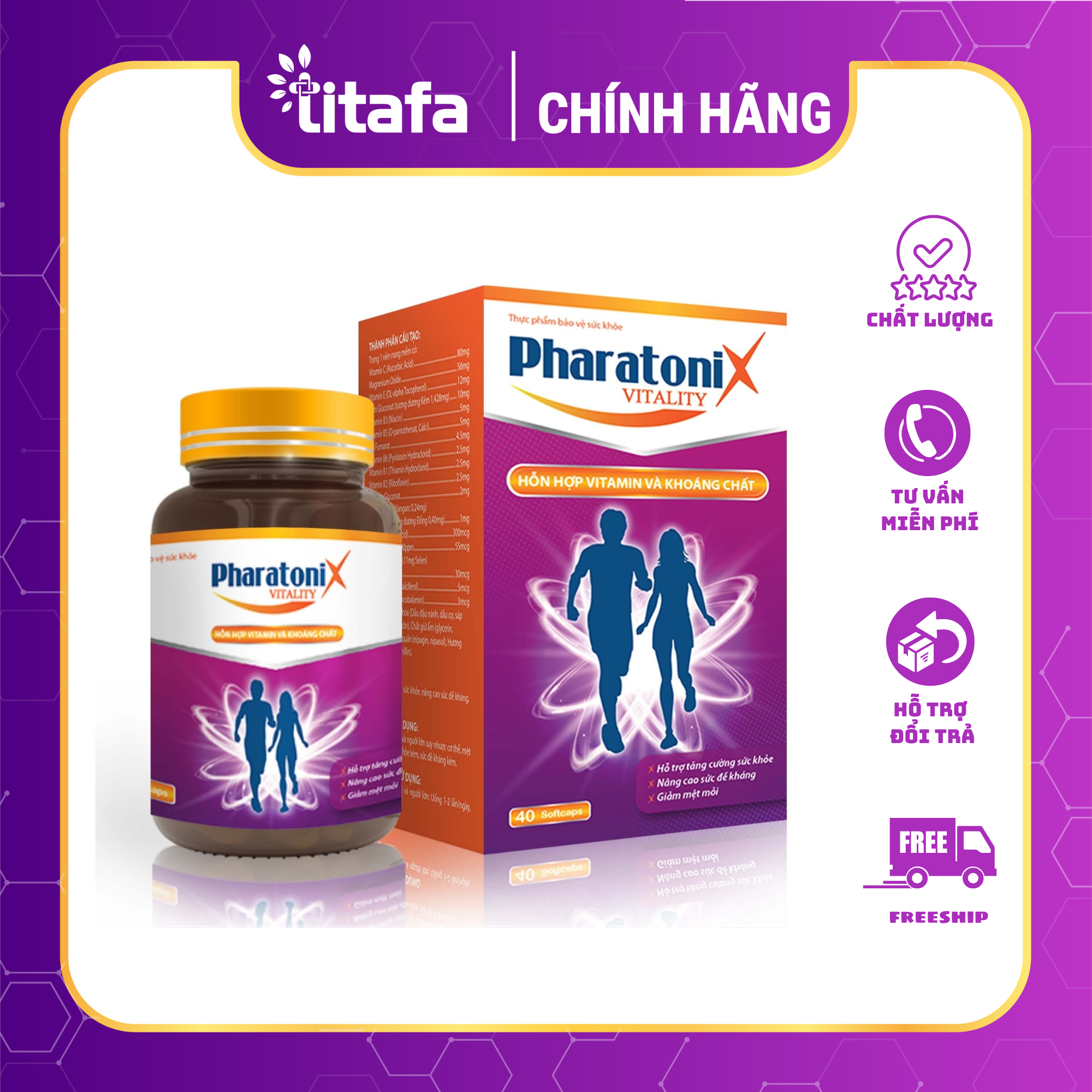 VIÊN TĂNG LỰC và BỒI BỔ SỨC KHỎE, NÂNG CAO ĐỀ KHÁNG PHARATONIX VITALITY - Chứa hỗn hợp Vitamin và khoáng chất