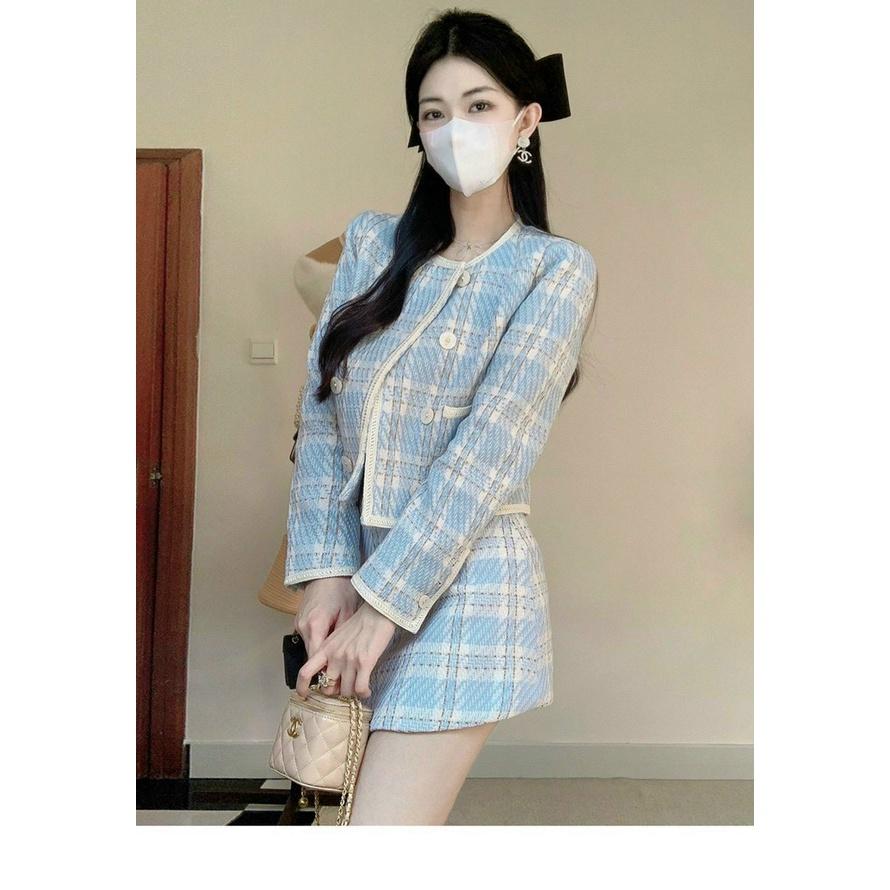 Set dạ 3 món xanh da khoác tweed áo  dây trắng kèm chân váy ngắn cá tính dịu dàng năng động