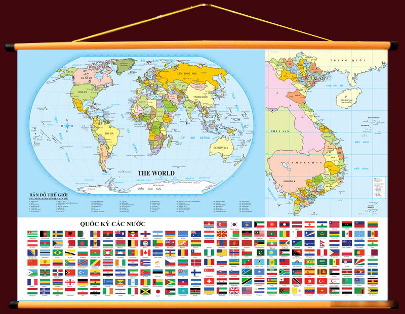 B. Đồ Thế Giới kết hợp B. Đồ Việt nam + Quốc kỳ các nước trên TG khổ A0 (84cm x 120cm) có sẵn sáo, dây treo