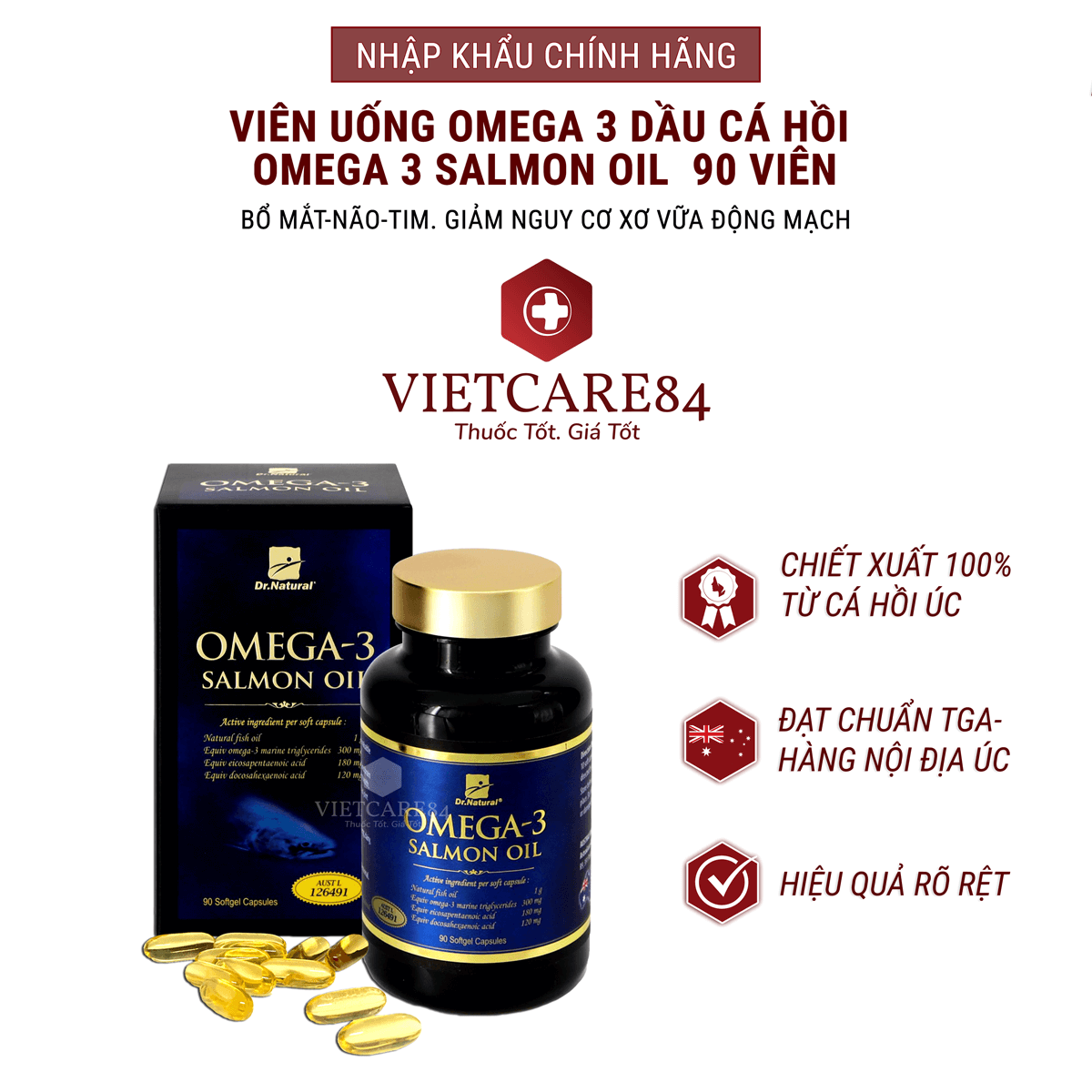 Viên uống Omega 3 dầu cá Hồi nhập khẩu chính hãng Úc OMEGA 3 SALMON OIL  hỗ trợ hạ mỡ máu, giảm nguy cơ xơ vữa động mạch, cung cấp các chất dinh dưỡng cần thiết cho não bộ, tốt cho mắt