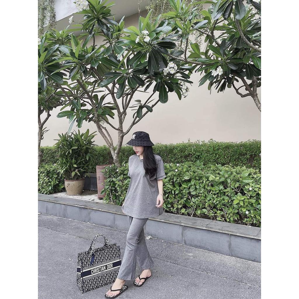 Set Áo Phông Tay Lỡ Kèm Quần Dài Vải Cotton Xám