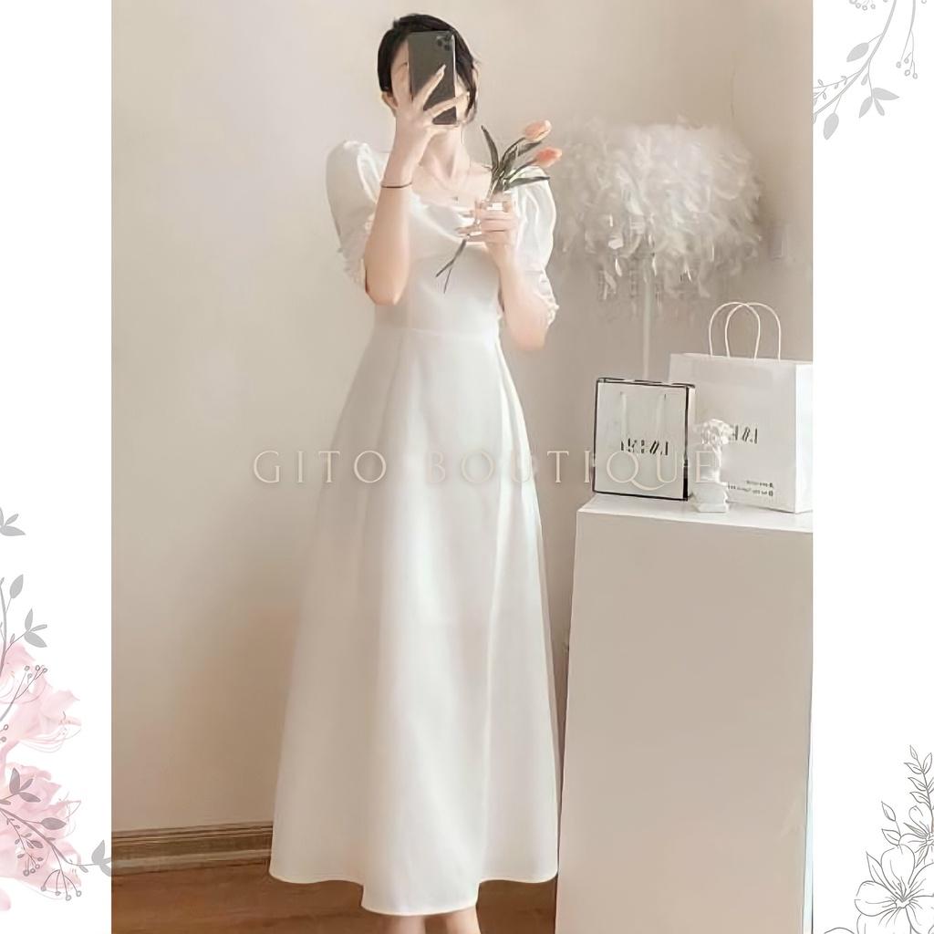 VÁY TRẮNG MIDI TAY BỒNG - ĐẦM DỰ TIỆC CHÉO NGỰC - GD204