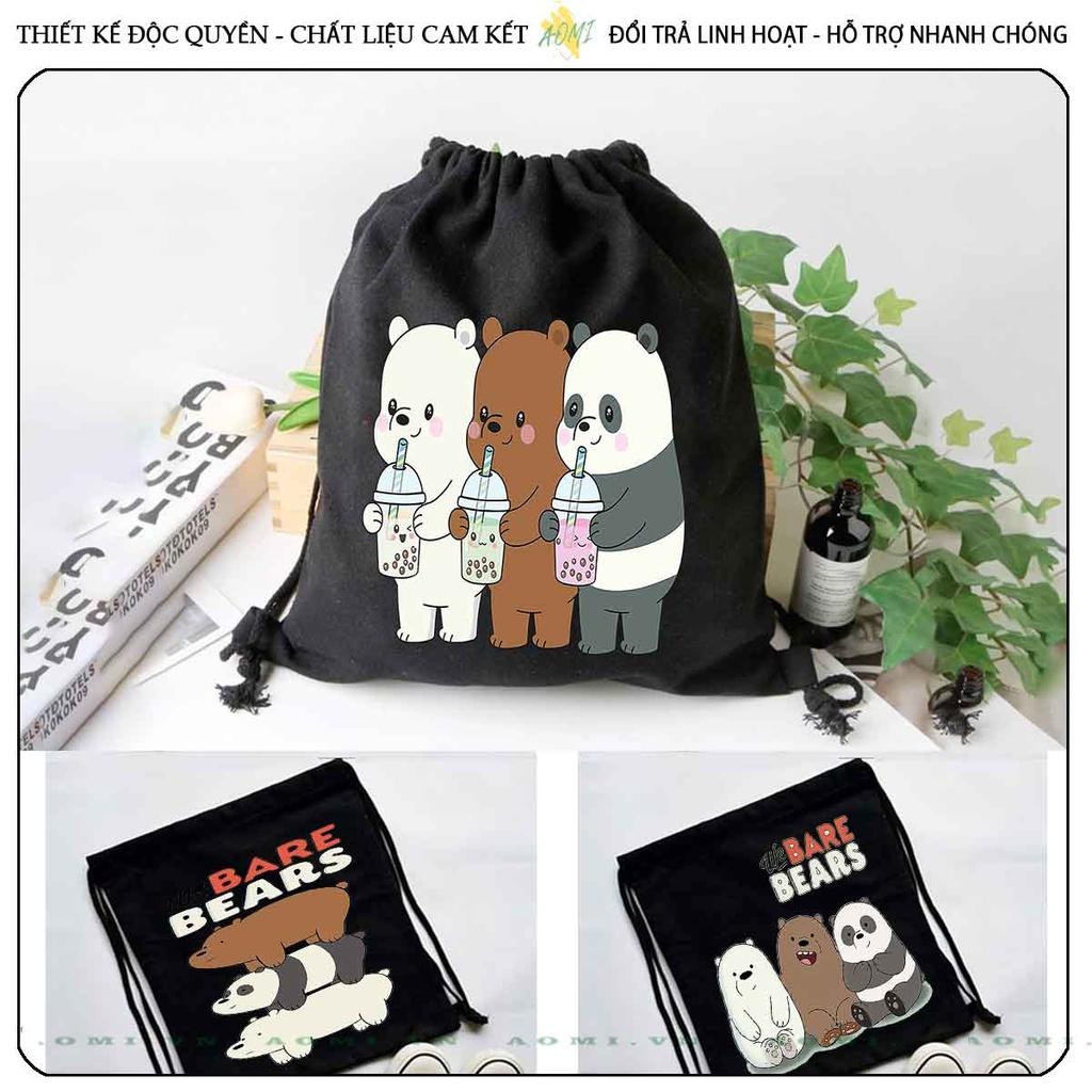 BALO MINI GẤU WE ARE BEARS AOMIVN DÂY RÚT ĐEO VAI 33x38cm NHỎ XINH UNISEX CHẤT CANVAS CUTE TIỆN ÍCH DU LỊCH ĐEN TRẮNG