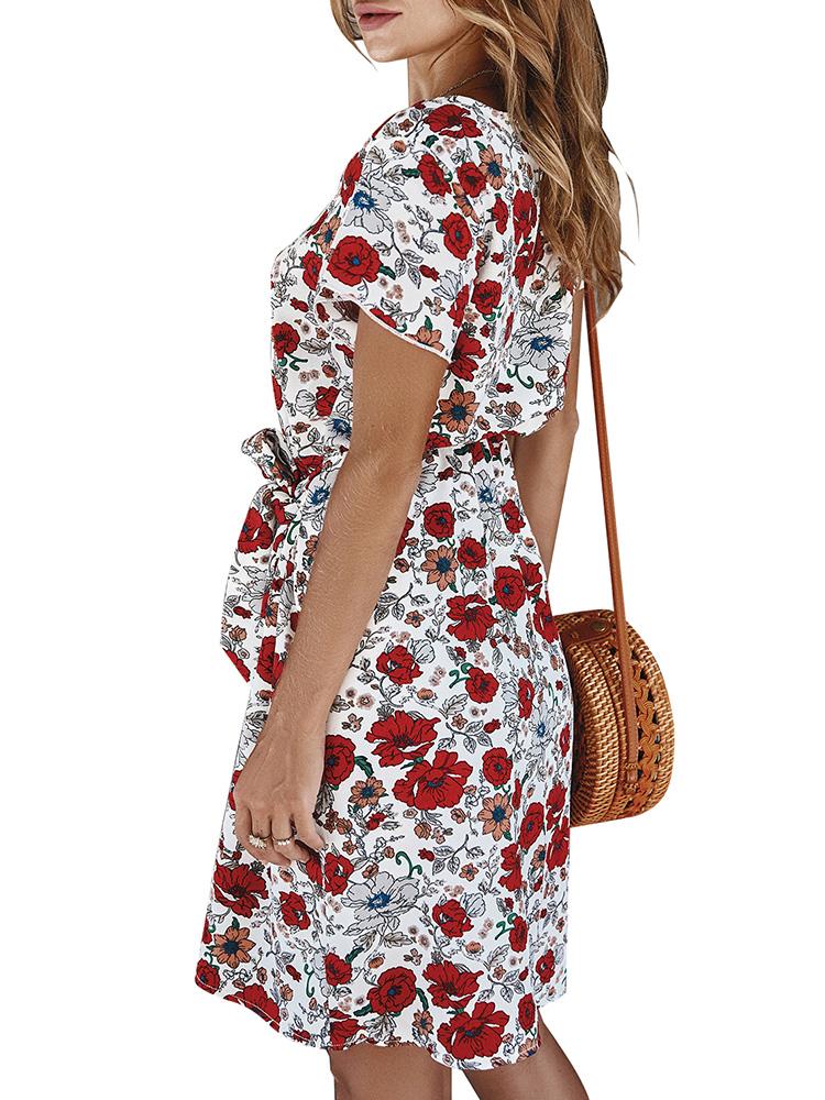 Women Summer Floral Print Dress Tied Waist Irregular Hemline Short Sleeves Bohemian Holiday Beach Casual Dress