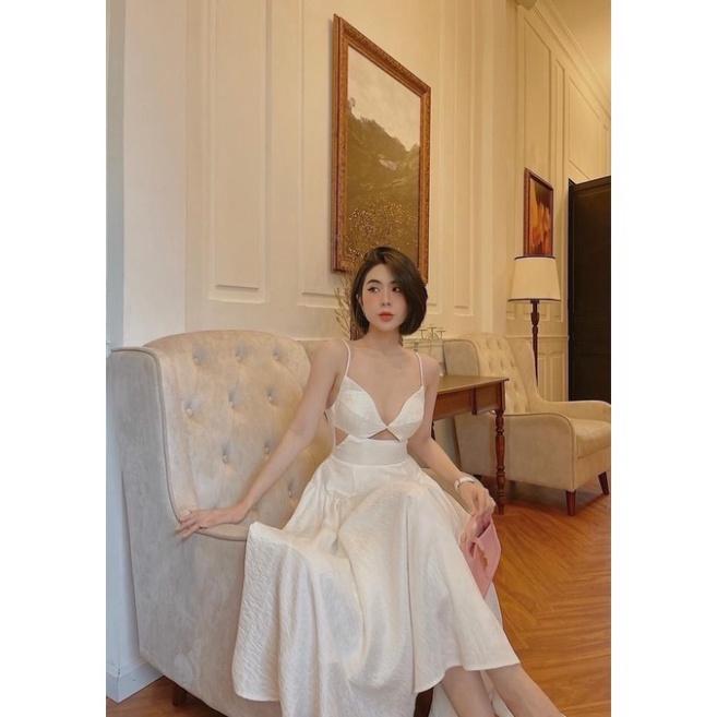 Đầm maxi đũi có mút ngực khoét 2 dây dập ly khoét eo trắng vàng xanh Ivy fashion đi biển dự tiệc dạo phố bigsize gợi c