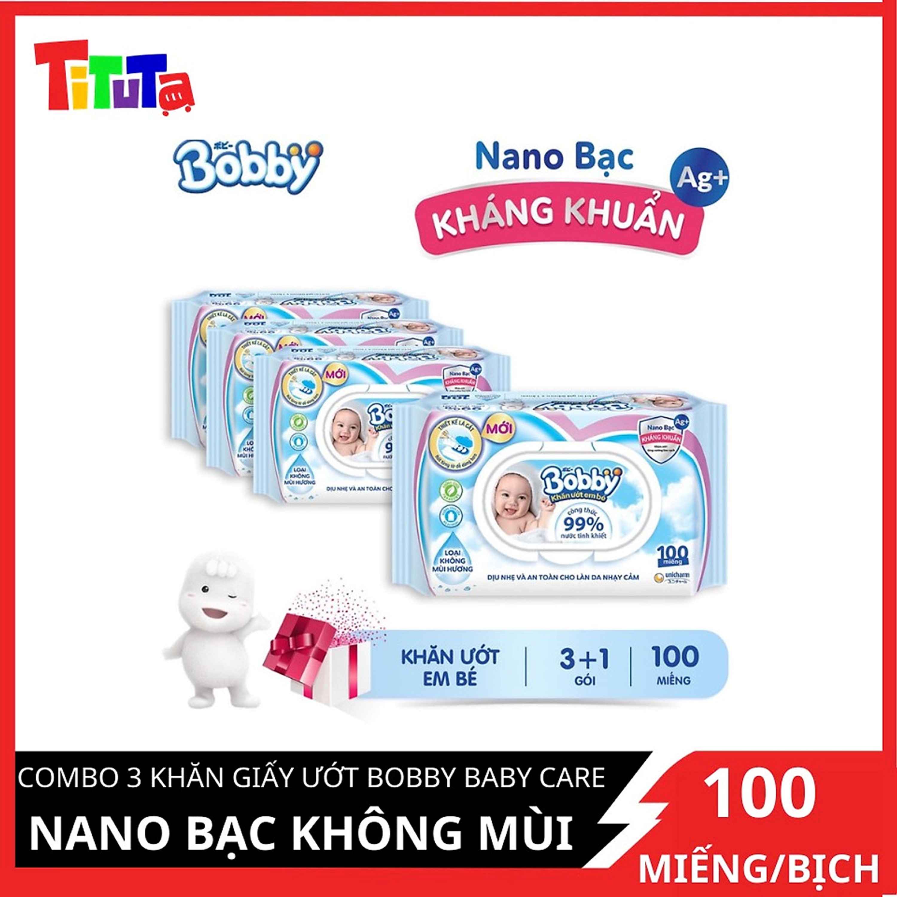 Combo Tiết Kiệm 3 Gói Khăn Ướt Bobby Care Không Hương 100 Tờ/Gói - Tặng 1 Gói Cùng Loại