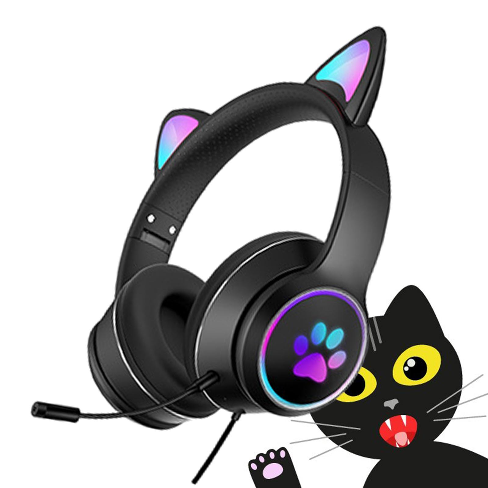 2 Pcs Cat Ear Wired Over-Head Headset RGB Light for PC Noise Reduction