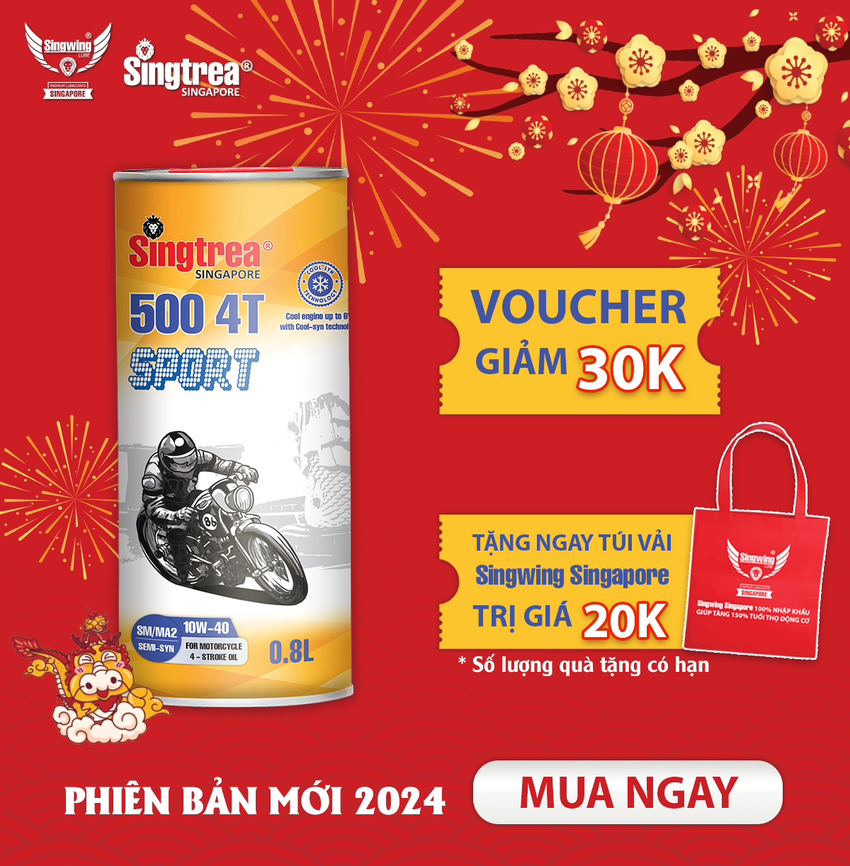 [PHIÊN BẢN TẾT 2024] - Nhớt xe máy Singtrea 500 Sport 4T 10W40 Lon 0.8L