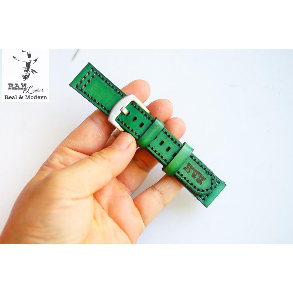 Dây đồng hồ da bò vegtan thảo mộc Ý nhuộm màu thủ công bền chắc - RAM Pilot xanh rêu