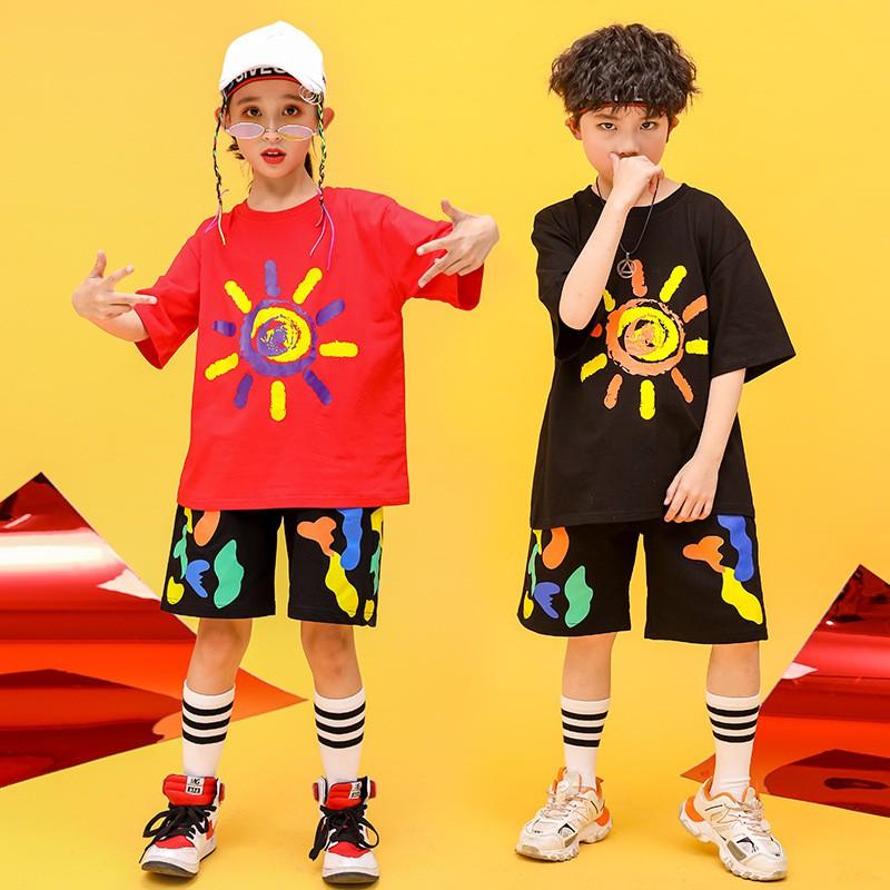 Bộ Hiphop Cho Trẻ Em Nam Ngắn Tay Không Cổ Size Đại Vải Cotton Hàng Quảng Châu Co Giãn 4 Chiều Màu Đỏ Đen