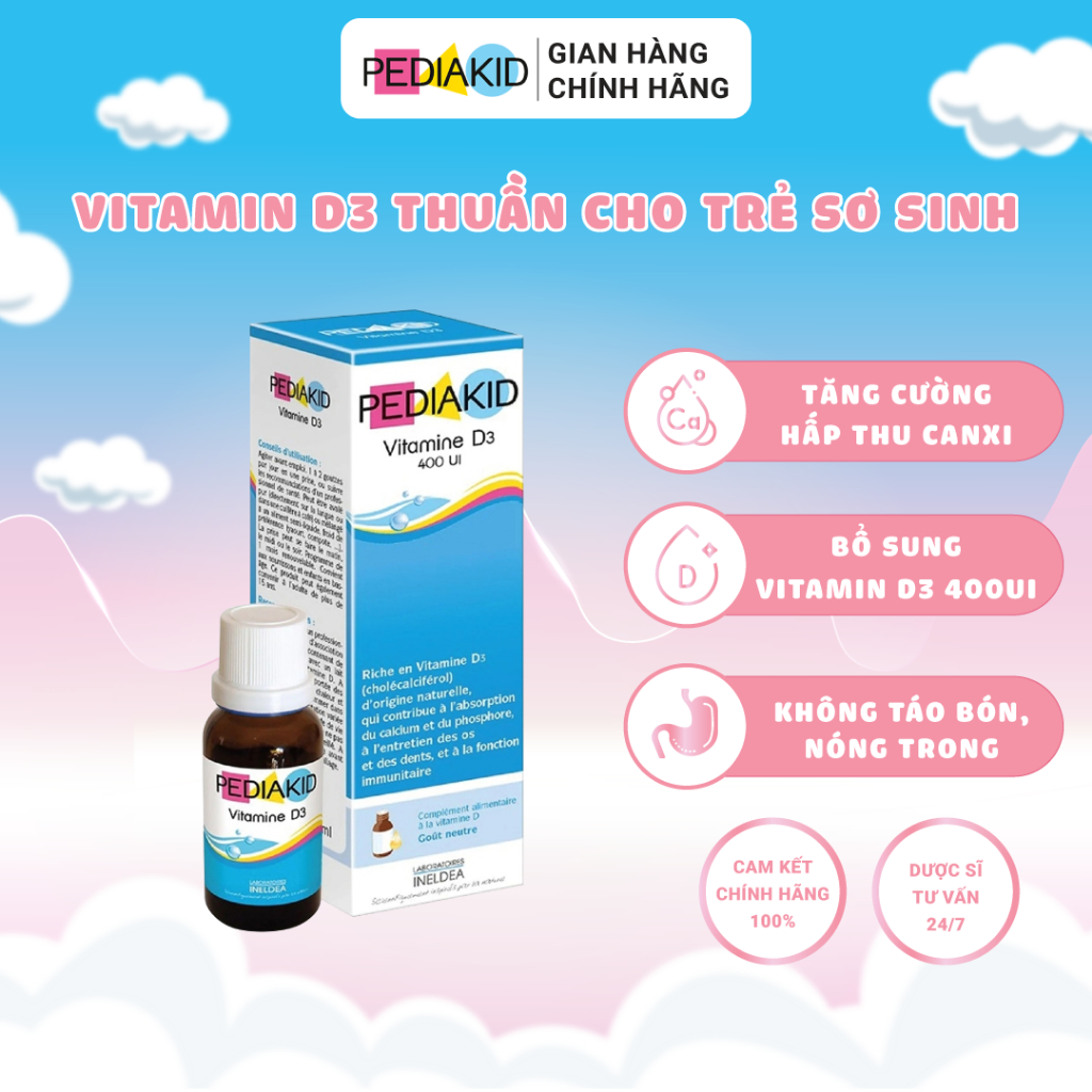 Vitamin D3 Thuần Pediakid Cho Trẻ Sơ Sinh Giúp Bé Ngủ Ngon, Tăng Hấp Thu Canxi, Ngừa Còi Xương (Hộp 20ml)