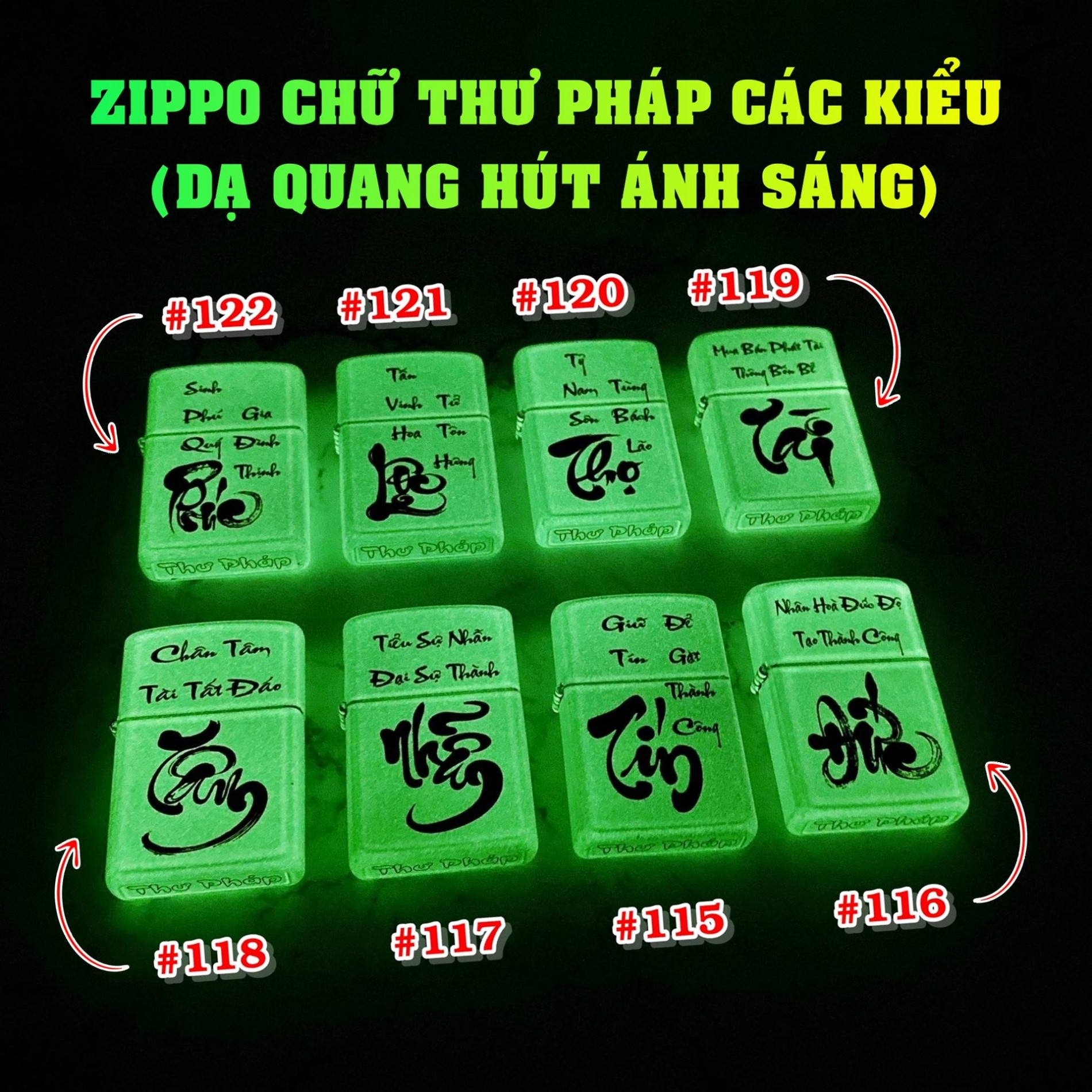 ZIPH120-BẬT LỬA ZIPO CHỮ THỌ THƯ PHÁP &quot;THỌ TỶ NAM SƠN TÙNG BÁCH LÃO&quot; (DẠ QUANG HÚT ÁNH SÁNG) (HỘP THIẾC KÈM XĂNG) H-120