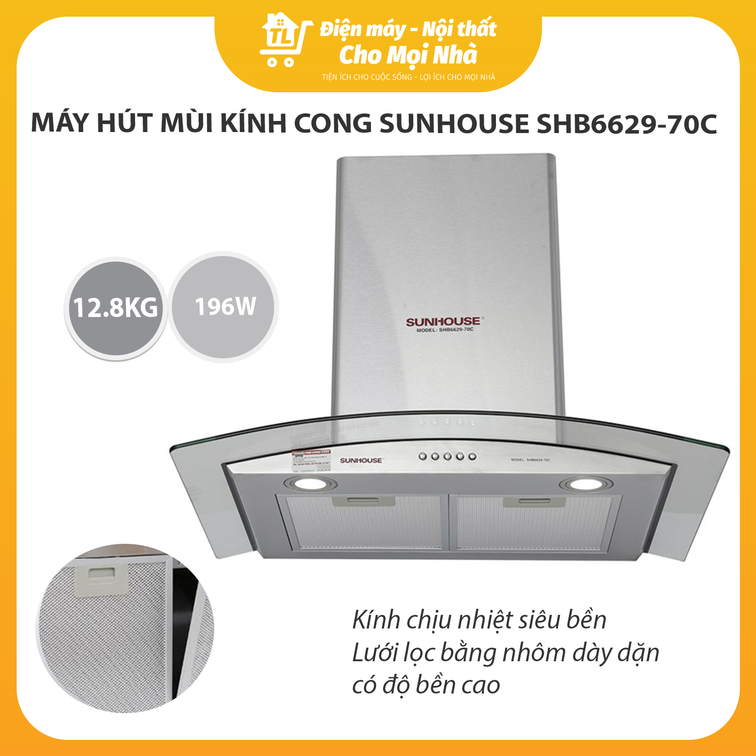 Máy hút mùi kính cong Sunhouse SHB6629-70C - Hàng chính hãng