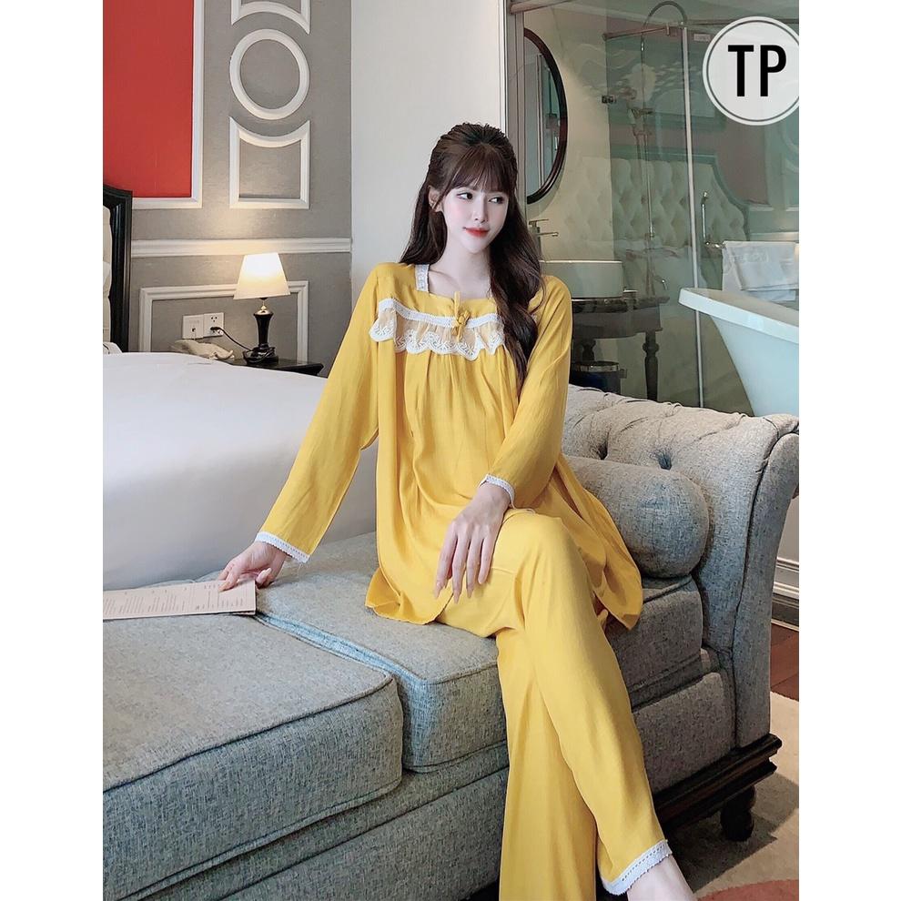 Bộ đồ bầu dài tay mặc nhà và sau sinh chất đũi cổ vuông tiểu thu xinh xắn