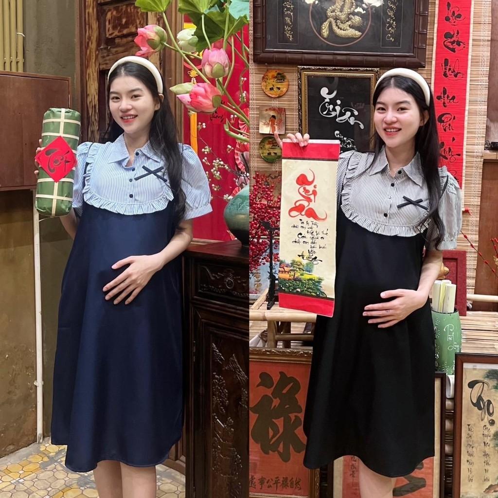 Đầm bầu giả yếm sọc sơ mi cotton hàn phom suông trẻ trung, năng động Váy Bầu Voi - Xanh đen