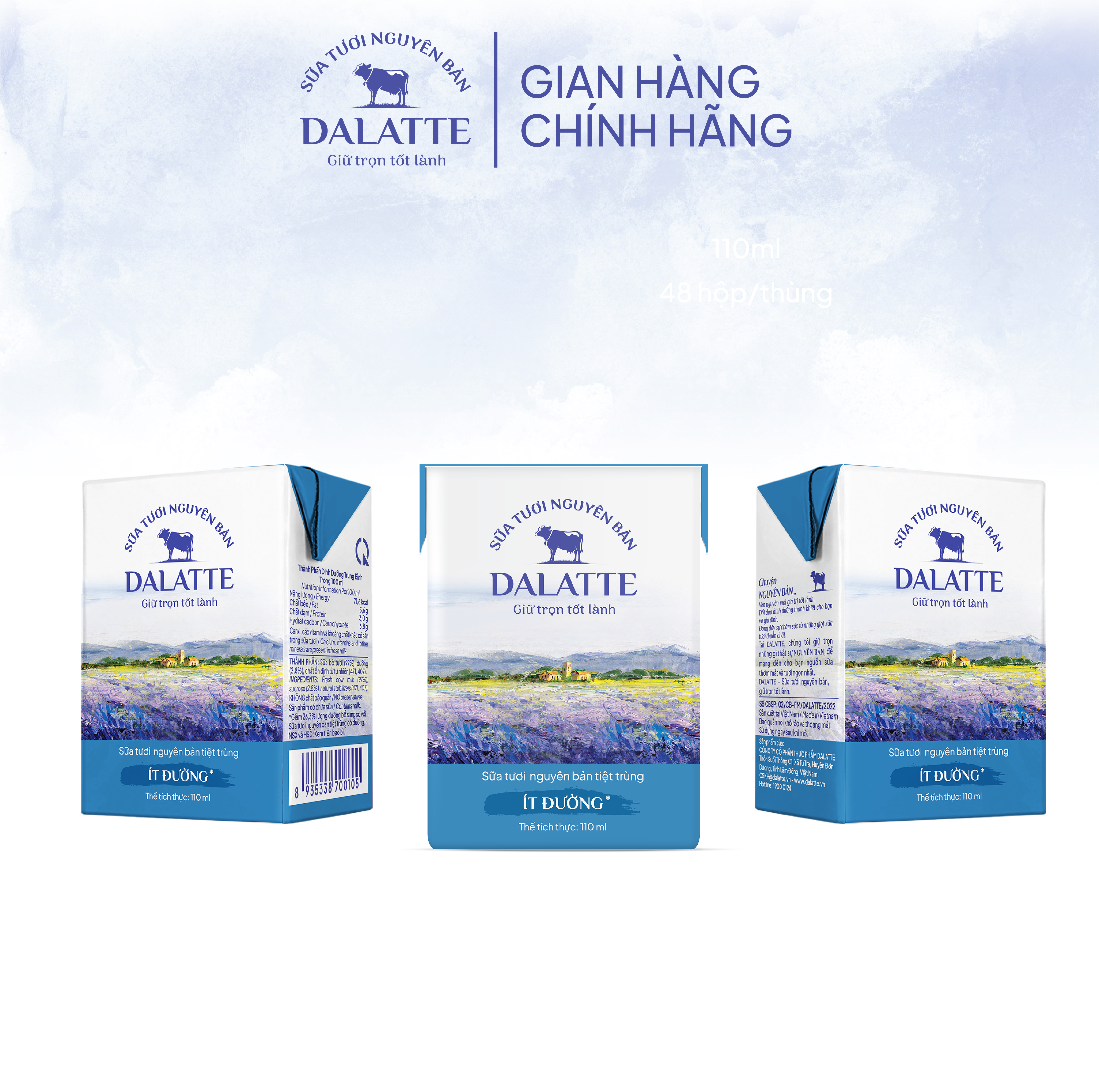 Thùng 48 hộp DALATTE 110ml SỮA TƯƠI NGUYÊN BẢN tiệt trùng - Ít đường - 48 hộp - Giữ trọn nguyên bản, trao trọn tốt lành