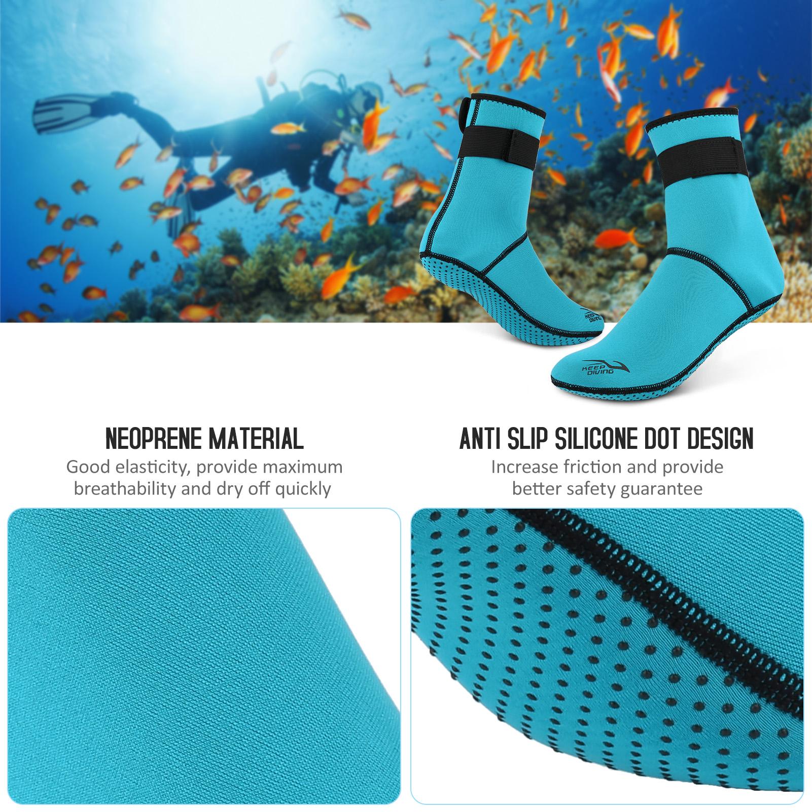 Cặp vớ lặn bằng Neoprene 3mm chất lượng cao, siêu nhẹ và thoải mái,Có thể điều chỉnh độ chặt bằng băng dính cố định, phù hợp với môi trường cát, gồ ghề hoặc trơn trượt