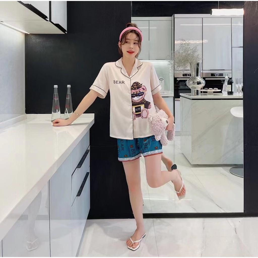 Bộ ngủ Pijama lụa cao cấp in hình gấu dễ thương