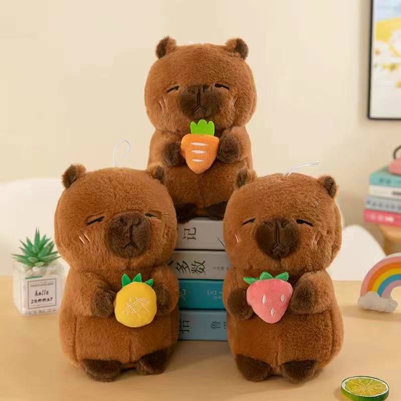 Thú nhồi bông Capybara ôm quả dâu, bí đỏ, dứa đáng yêu - Size 22cm - Quà tặng gấu bông chuột lang ôm trái cây mềm mịn