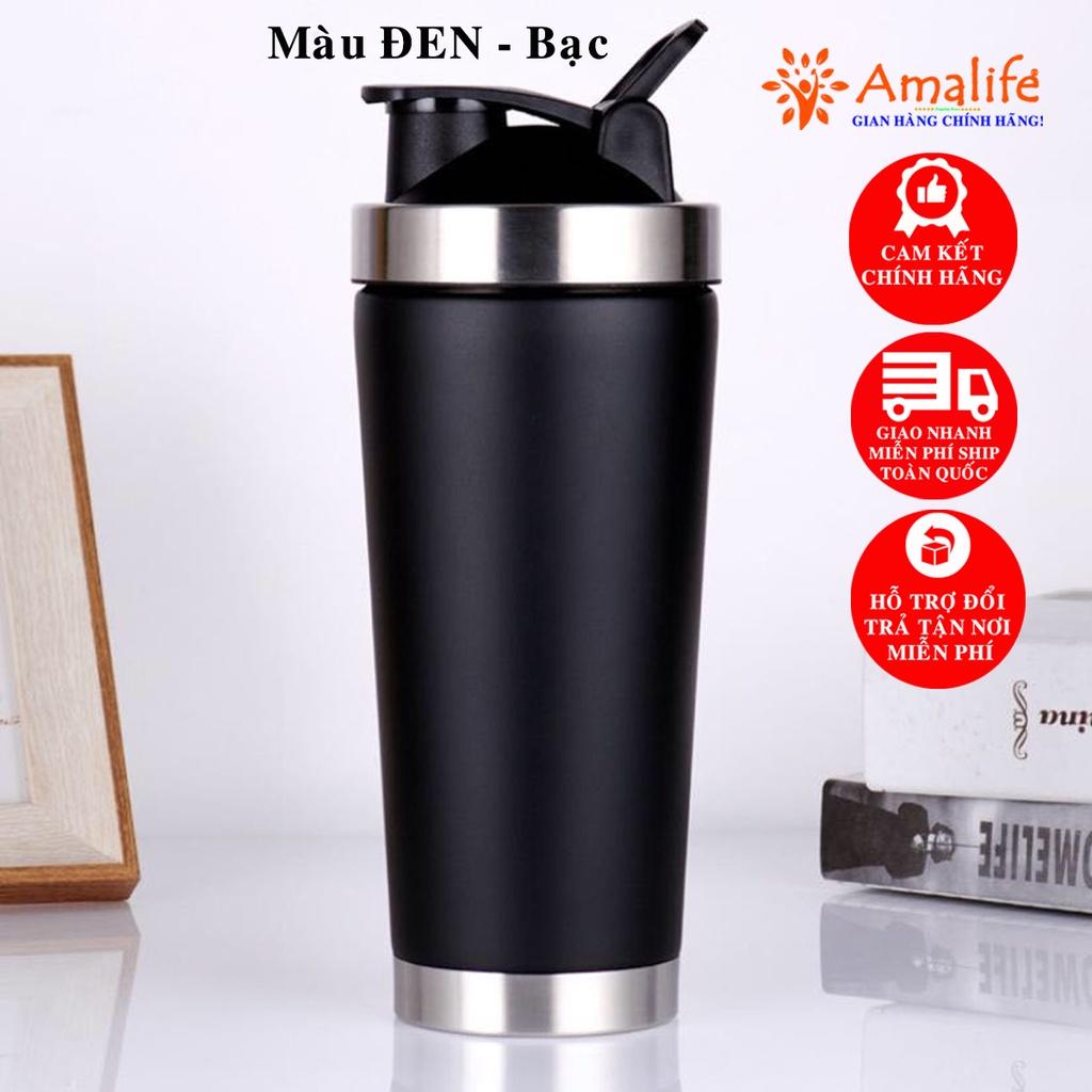 Bình Lắc Shaker Đựng Nước Inox 800ml – Màu Đen Bạc - Tập Gym Thể Thao Chính Hãng Amalife – Kèm Bóng Lò Xo