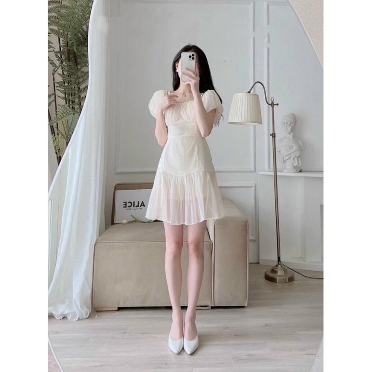 Váy 2 dây trễ vai, Đầm trắng tiểu thư ngắn hai dây Cao Cấp dáng chữ A tay ngắn ôm eo sexy gợi cảm - MiNhi