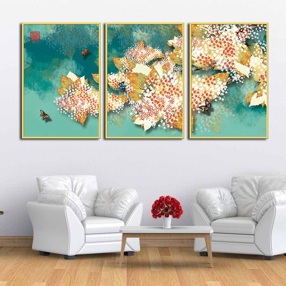Bộ 3 tranh canvas treo tường Decor Họa tiết hoa lá cách điệu, phong cách tân cổ điển - DC034