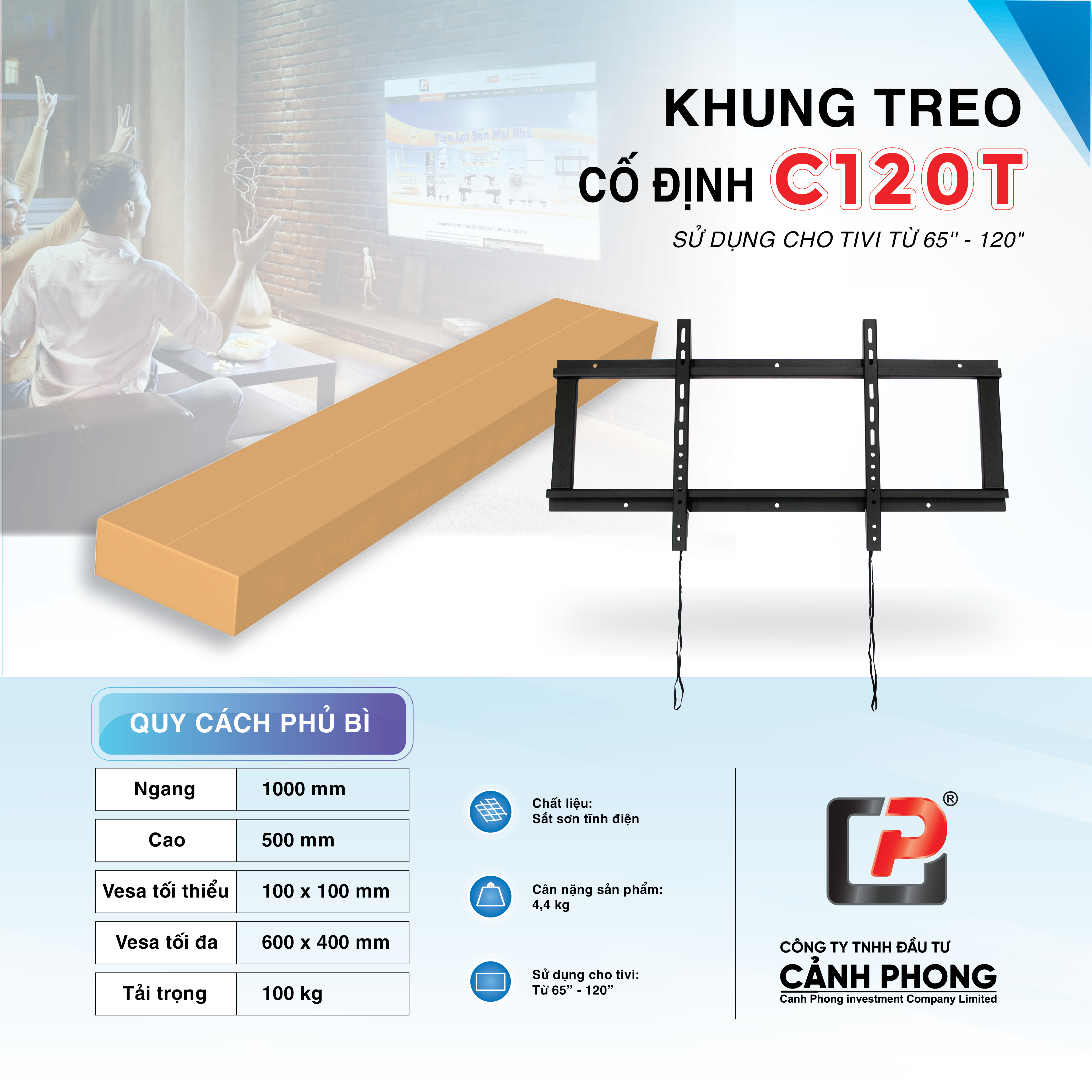 Khung treo tivi cố định Cảnh Phong C120T kích thước từ 65-120 inch - Hàng chính hãng