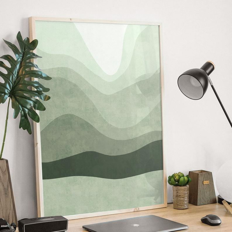 Tranh treo tường | Tranh trừu tượng - Mint abstract landscape , green mountain scenery poster, ombre lines poster