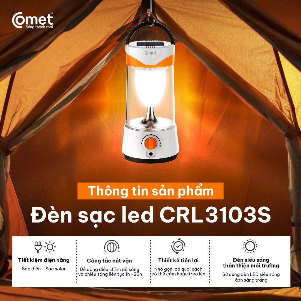 Đèn Sạc Tích Điện LED Comet CRL3103S 10W Pin 1600 mAh Năng Lượng Mặt Trời Siêu Sáng