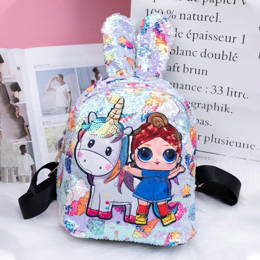 Balo trẻ em, balo cho bé tai thỏ kim tuyến hình ngựa pony và bé gái cực xinh - SIÊU CUTE