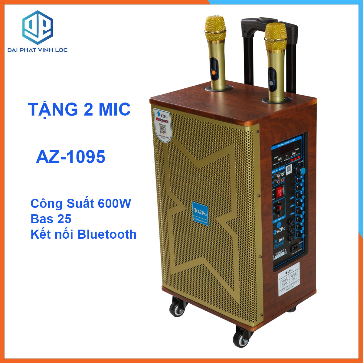 Loa Kéo Karaoke Công Suất Lớn 600W| Loa Kéo Giá Rẻ Azpro AZ-1095 Bas25| Loa Kéo Bluetooth Tặng 2 Mic Không Dây Trọng lượng loa chỉ 10.5kg, Kich Thước: 380x330x625mm