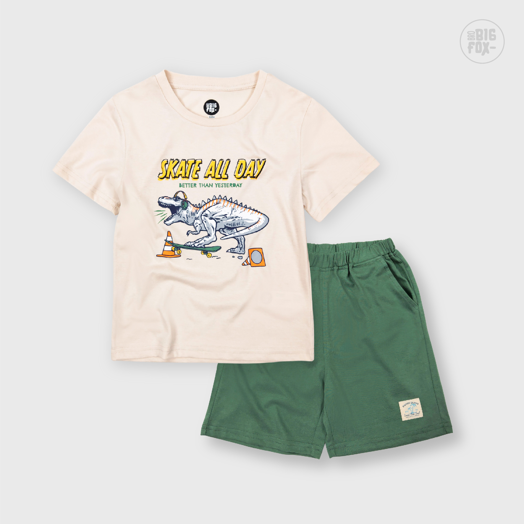Bộ Quần Áo Bé Trai Bigfox, Bộ Cộc Tay Trẻ Em Mùa Hè Chất Cotton Mát In Hình Khủng Long Skate