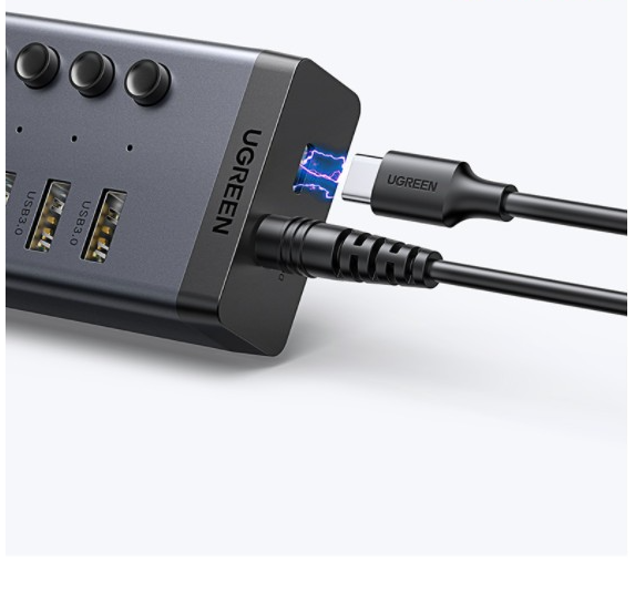 Ugreen 90307 hub ra 7 cổng USB 3.0 + Adapter 12v-2A có hỗ trợ truyền dữ liệu và sạc có kèm dây USB type C chuẩn cắm EU chân tròn Bộ chia Màu Xám CM481 20090307 - Hàng chính hãng