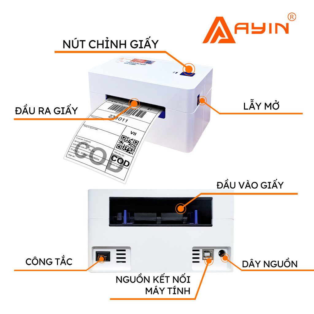 Máy In Nhiệt AYIN - In Đơn Hàng TMĐT, Hóa Đơn Vận Chuyển, Tem Nhãn Mã Vạch, Phiếu Gửi, Logo Không Cần Mực, Bill Thanh Toán, Mini Code, Bar Code - Phiếu Dán Có Thể Dán Ngay - Kết Nối USB - Hàng Nhập Khẩu