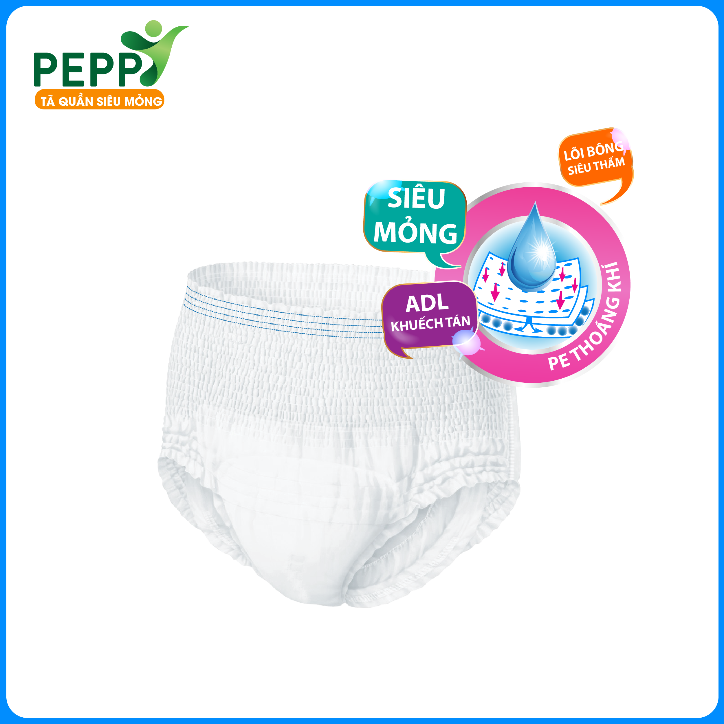 Tã/Bỉm Quần Người Lớn, Người Già Peppy Siêu Mỏng, Siêu Thấm, Mềm Mại, Kháng Khuẩn Size M8/L7/XL7