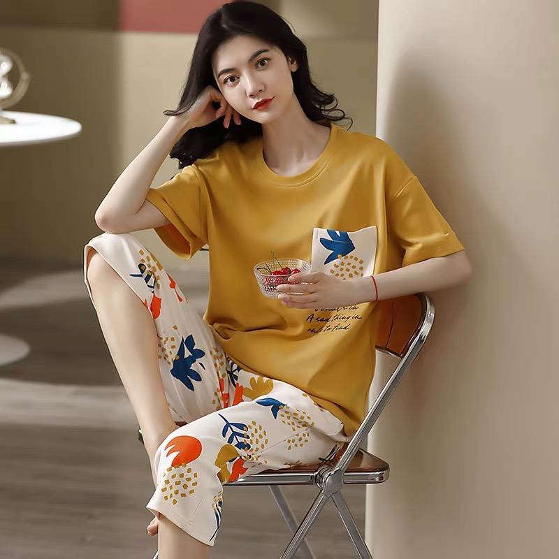 Đồ bộ mặc nhà cotton nữ tay ngắn quần lửng hình hoa vàng 575