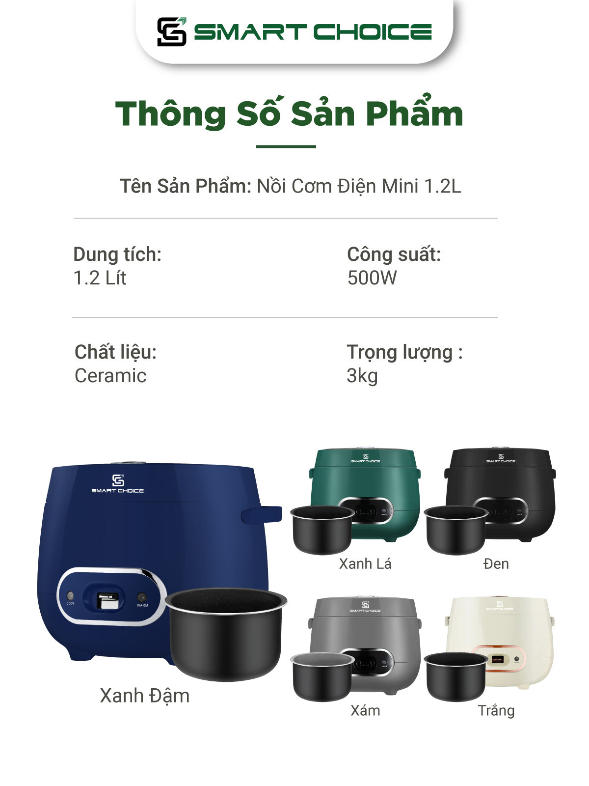 Nồi Cơm Điện Mini 1.2L SMARTCHOICE SCG-RC3001 Lòng Nồi Phủ Ceramic Chống Dính Cao Cấp, Nồi Cơm Điện Cơ Có Quay Xách Dùng Cho 1-3 Người Ăn, Nấu Chín Nhanh, Giữ Ấm Lâu - Hàng Chính Hãng
