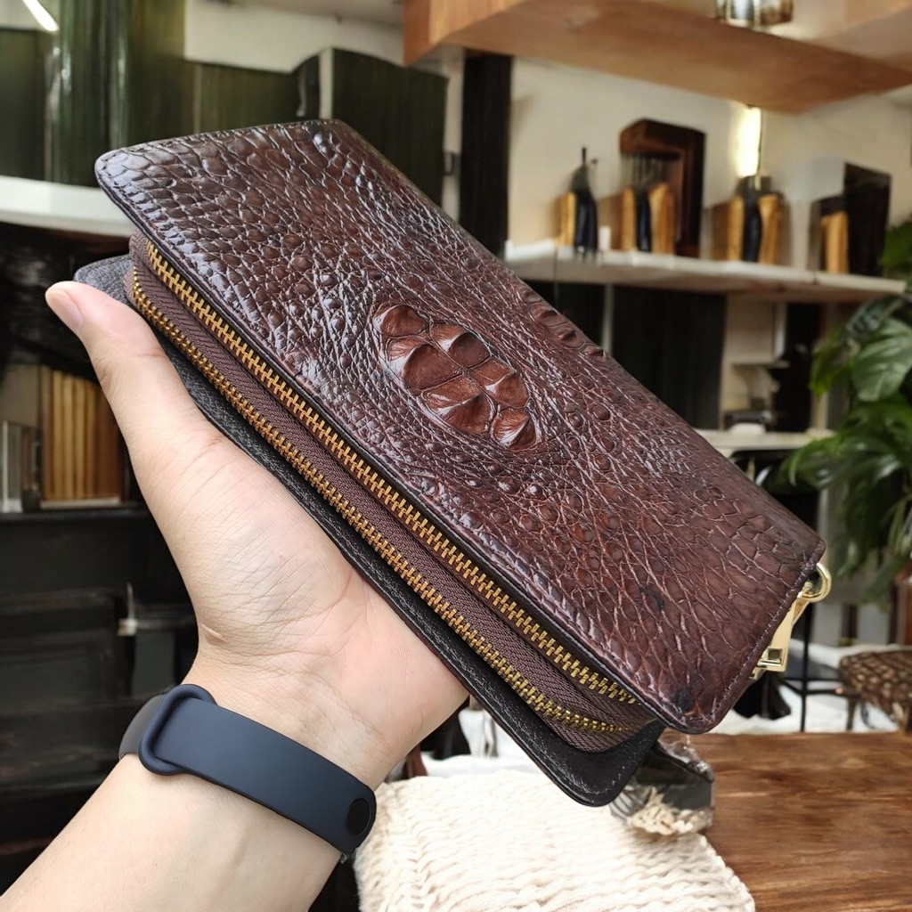 Ví cầm tay da cá sấu 2 dây kéo nam/nữ size lớn 22*12 cm