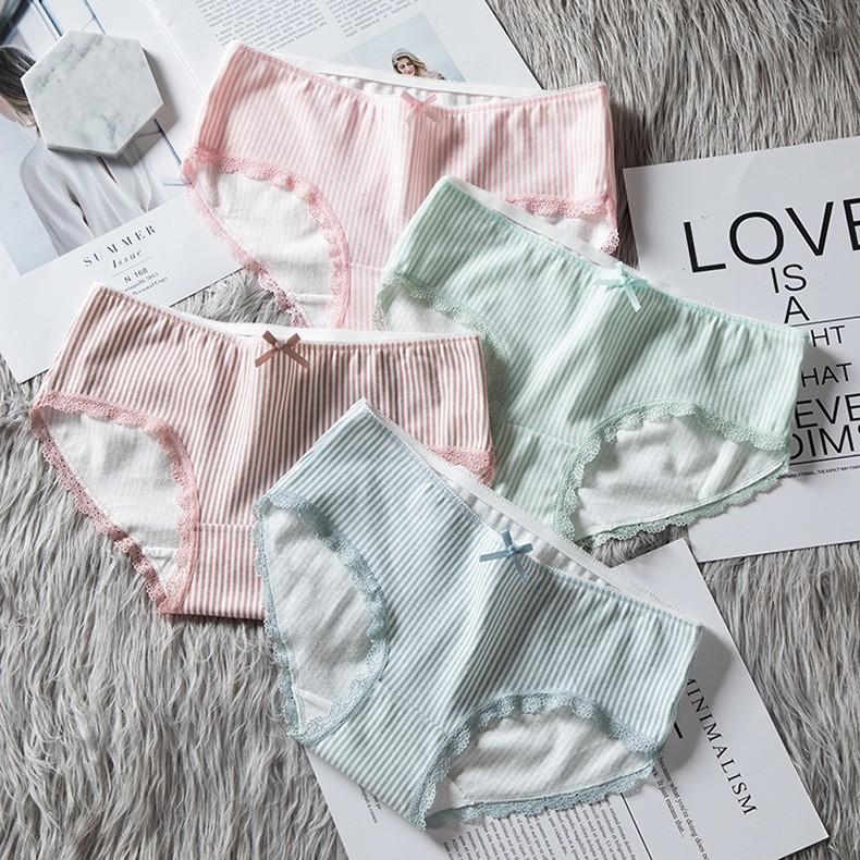 Quần Lót Cotton Kẻ Sọc Viền Ren Xuất Hàn