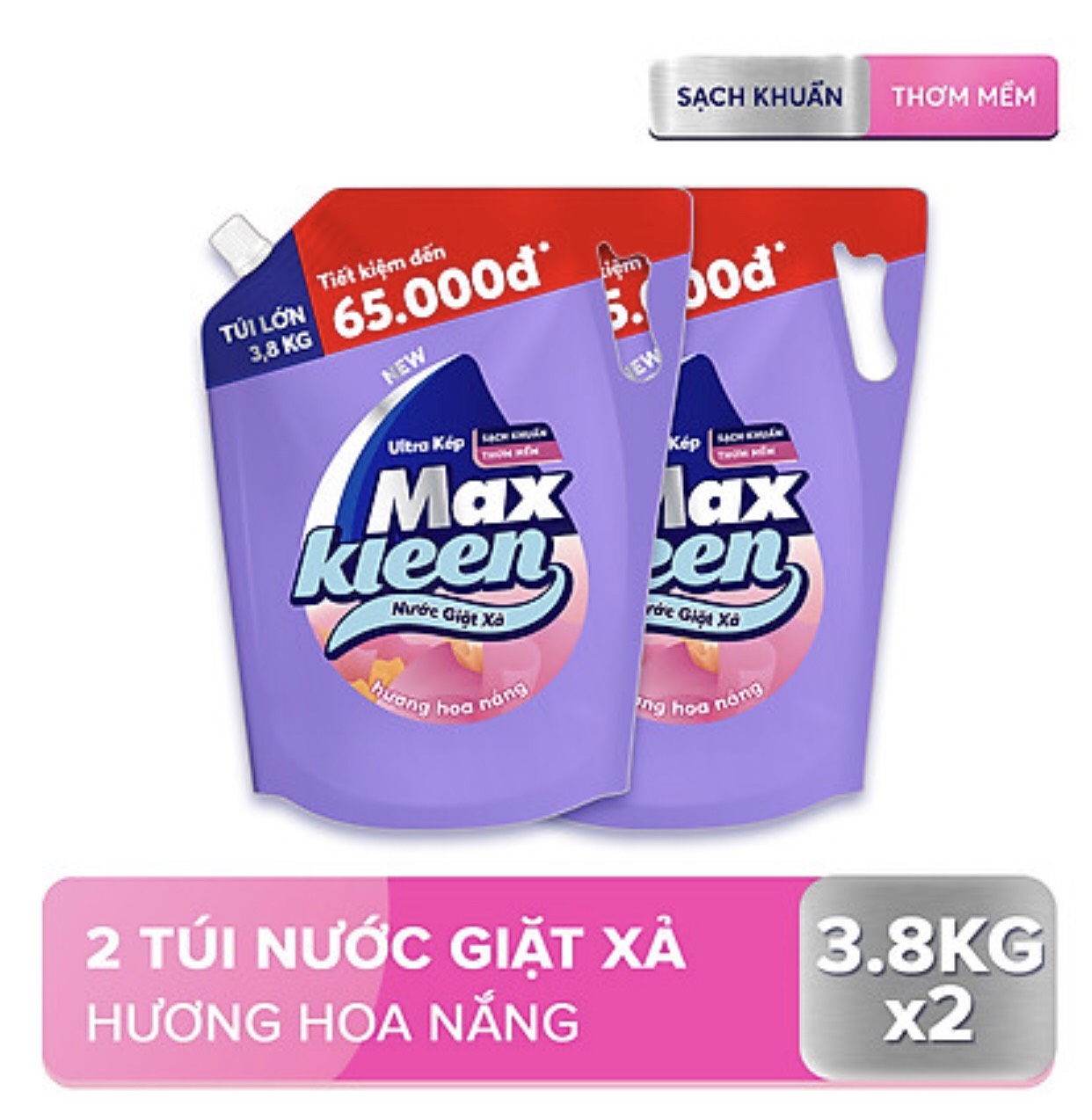 Combo 2 Túi Nước Giặt Xả Maxkleen Hương Hoa Nắng 3.8kg/túi Tặng Voi Bông