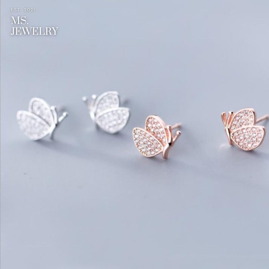 Khuyên Tai Bạc S925 Đính Đá Cubic Zirconia Hình Bướm Sang Trọng
