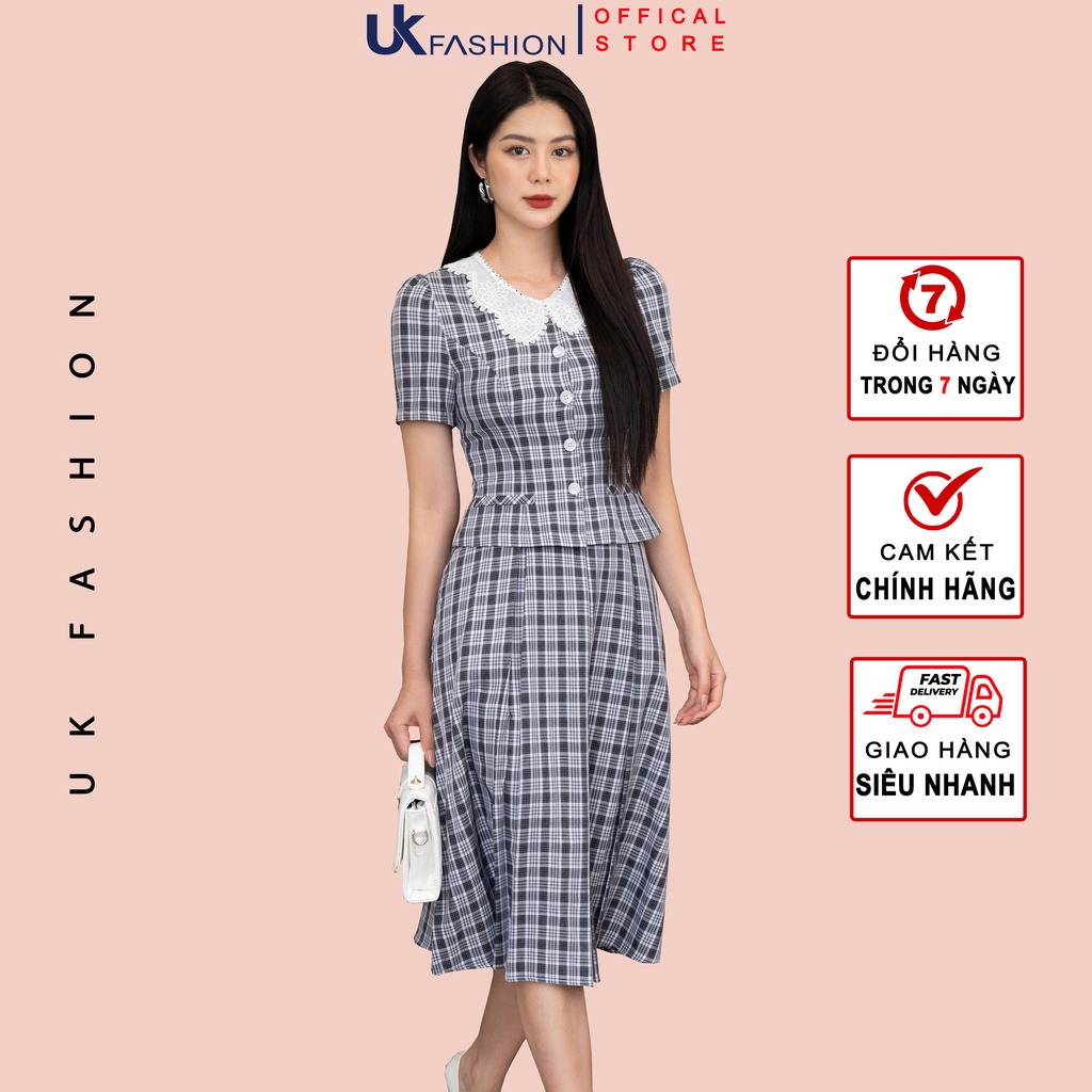 Set Váy Kẻ Phối Ren Nữ UK Fashion Vải Hàn Cao Cấp Phối Chân Váy Ly Hộp Thanh Lịch Sang Trọng NKBD2202006