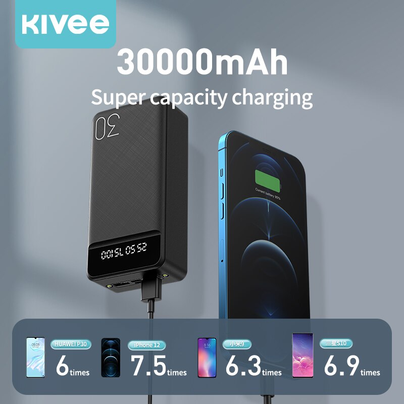 Pin Sạc Dự Phòng 30000mAh KIVEE PT303P Có Đèn LED - Màu Đen, Trắng