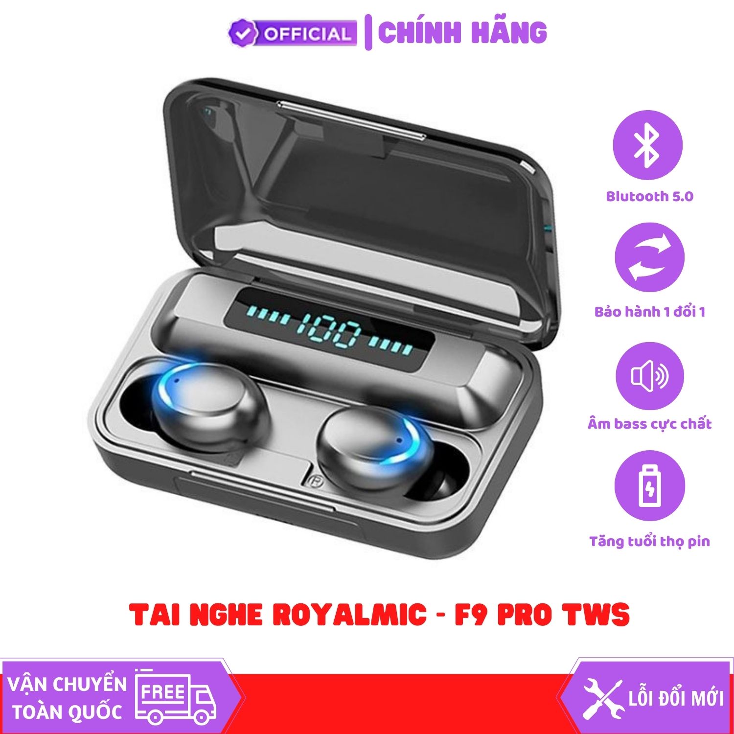 Tai Nghe Không Dây TWS ROYALMIC F9 Pro - Bluetooth 5.0 - Pin 600h - Kháng Nước, Kháng Bụi, Bass Khỏe - Hàng Chính Hãng