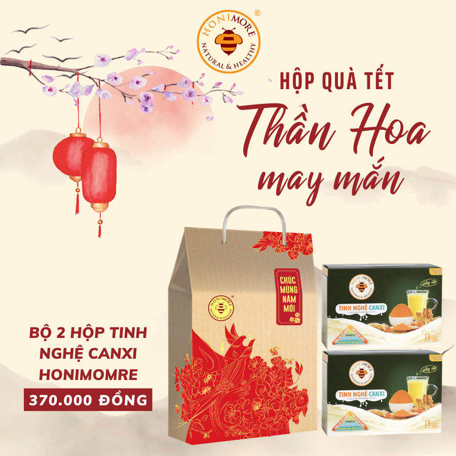 Hộp quà sức khỏe Thần hoa - Bộ 2 hộp Tinh nghệ canxi Honimore 288g - chắc xương, khỏe dạ dày