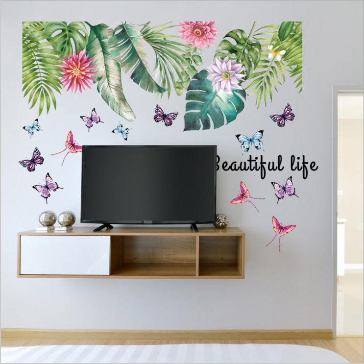 Decal dán tường Giàn lá hoa và bướm đủ màu phong cách Hàn Quốc