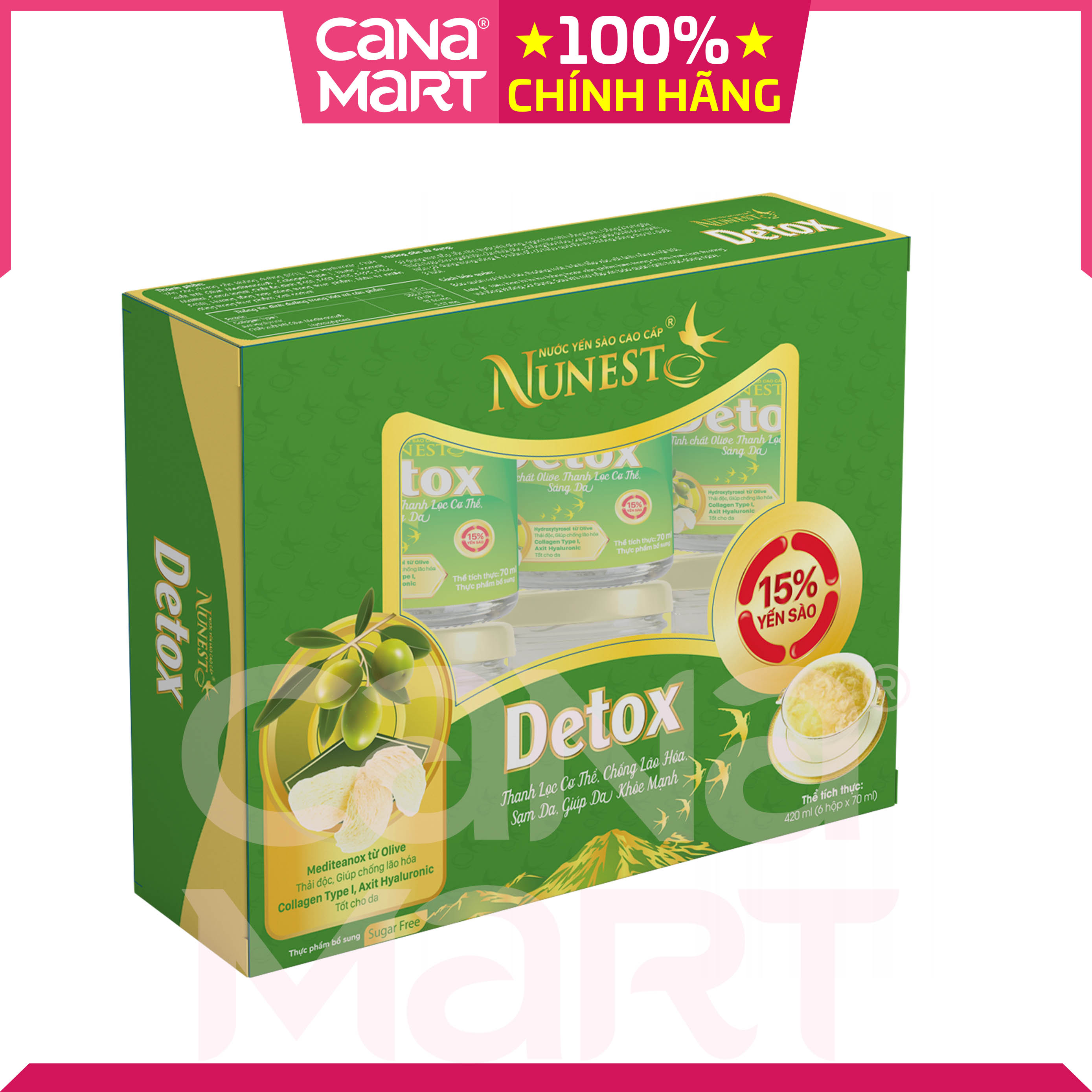 [Hộp 6 lọ x 70ml] Nước yến sào cao cấp Nunest DETOX thanh lọc cơ thể, trắng da, khỏe đẹp