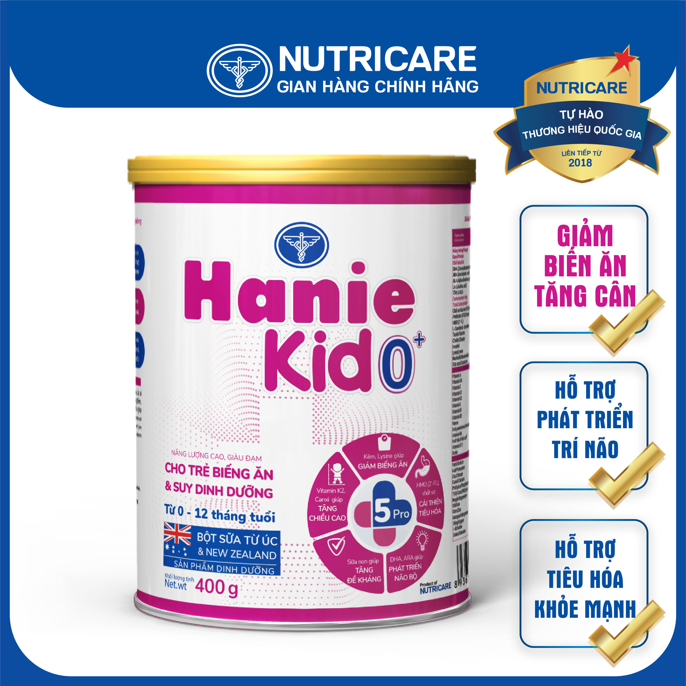 Sữa bột Nutricare Hanie Kid 0+ cho trẻ biếng ăn suy dinh dưỡng 400g